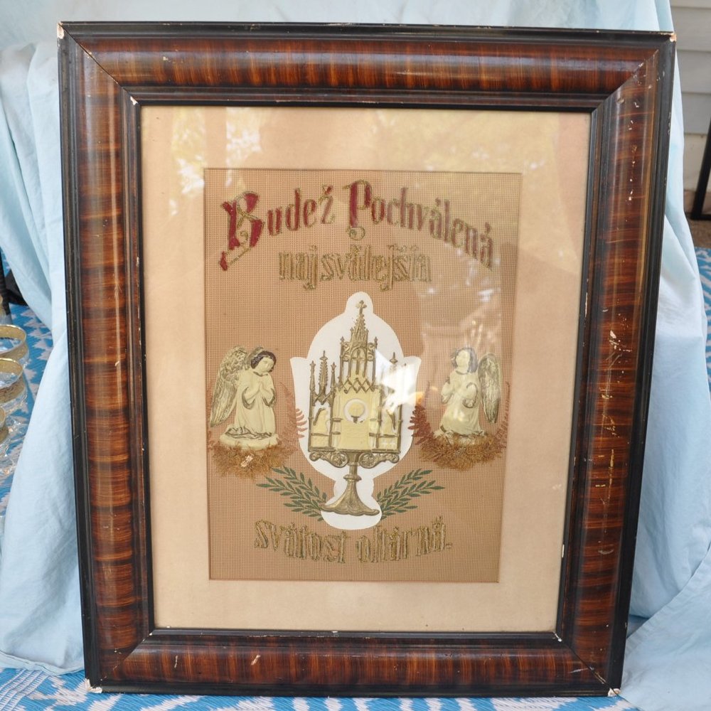 RARE religious monastery hand crafts embroidery wax work antique Czech (w667)